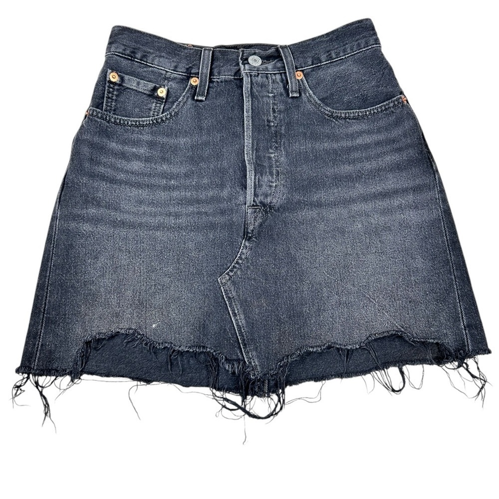 Levi’s faded black 5-pocket mini denim skirt, 24, Button Fly, Raw Edge Hem, Soft